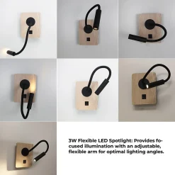 Applique murale noir et bois avec faisceau flexible 3W port USB et Type C interrupteur avec puces CREE.