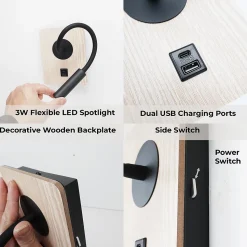 Applique murale noir et bois avec faisceau flexible 3W port USB et Type C interrupteur avec puces CREE.