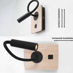 Applique murale noir et bois avec faisceau flexible 3W port USB et Type C interrupteur avec puces CREE.
