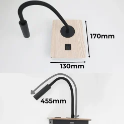 Applique murale noir et bois avec faisceau flexible 3W port USB et Type C interrupteur avec puces CREE.