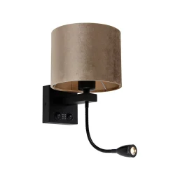 Applique murale noire avec abat-jour en velours taupe 18 cm - Brescia Combi