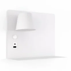 Applique murale orientable LED 6W avec USB et Type-C, CCT 2700,4000,6000K, interrupteur et plateau, métal blanc, spot gauche
