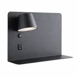 Applique murale orientable LED 6W avec USB et Type-C, CCT 2700,4000,6000K, interrupteur et plateau, métal noir, spot gauche