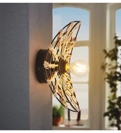 Applique murale ou plafond Flora métal noir rotin naturel compatible LED