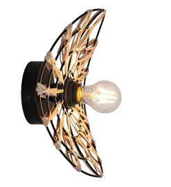 Applique murale ou plafond Flora métal noir rotin naturel compatible LED