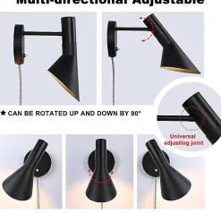 Applique Murale Pivotante avec Câble Prise et Interrupteur Oslo - Design Contemporain et Élégant E27 Métal Noir