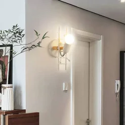 Applique murale Poupée Échelle avec détail en bois et aluminium blanc - Douille E27 lumière vers le haut pour couloir ch