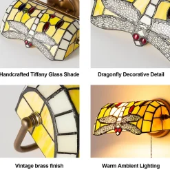 Applique murale rétro en verre style tiffany libellule en cristal mosaïque jaune avec support en laiton, E27