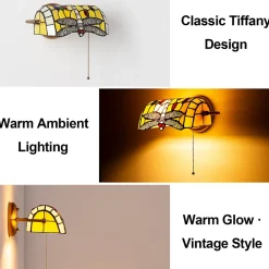 Applique murale rétro en verre style tiffany libellule en cristal mosaïque jaune avec support en laiton, E27