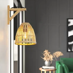 Applique murale Vintage Nordique avec Base en Bois Douille E27 avec câble prise et interrupteur en Bambou Osier.