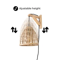 Applique murale Vintage Nordique avec Base en Bois Douille E27 avec câble prise et interrupteur en Bambou Osier.