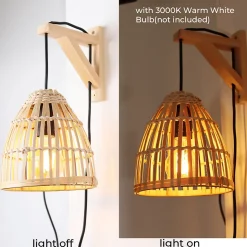 Applique murale Vintage Nordique avec Base en Bois Douille E27 avec câble prise et interrupteur en Bambou Osier.