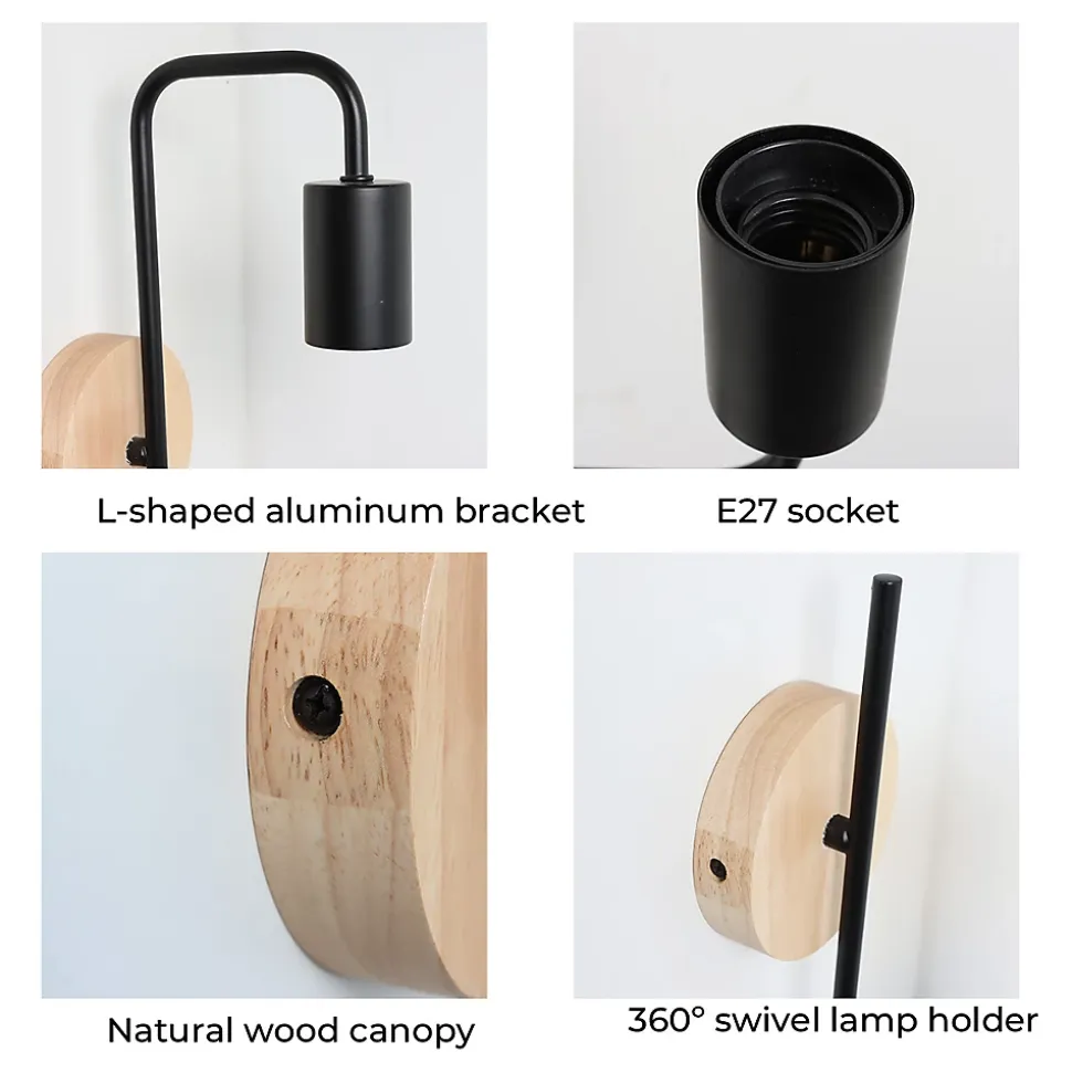 Applique murale Vintage Nordique avec Base en Aluminium Noir et Bois pour Salon Salle à Manger et Couloir Douille E27
