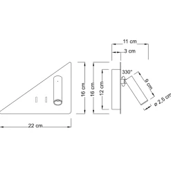 Applique noire triangle LED avec liseuse et angle droit à droite - Elaris Type A