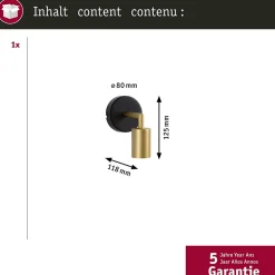 Applique Ravi IP44 E27 max. 60W Noir mat Doré gradable