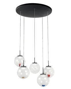 Ariel - Suspension circulaire 5 lumières avec formes Fabas Luce - LED 35W dimmable - Rosace ronde transparente d.50cm