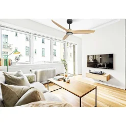 Bolt, Ventilateur déstratificateur d'air, pales bois clair132Cm, moteur noir, 100 % efficace hiver/été avec lampe.