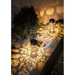 Borne solaire en inox ajourée- Hauteur 28 cm- Diamètre 6,9cm- à planter ou poser, lumière blanc chaud- 4 Lumens