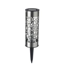 Borne solaire en inox ajourée- Hauteur 28 cm- Diamètre 6,9cm- à planter ou poser, lumière blanc chaud- 4 Lumens