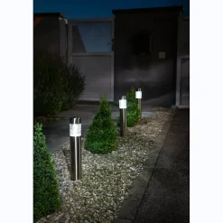 Borne solaire inox avec diffuseur en verre rainuré- Hauteur 57cm- 1 LED blanche- 10 Lumens- Eclairage extérieur Jardin