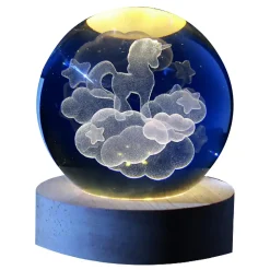 Boule de verre 3D avec LED RGB I-Total XL2723 effet au plafond, veilleuse, lampe de nuit avec base en bois, thème Unicorn
