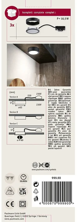 Éclairage sous-meubles LED Pukk 3x3,5W 65mm 3x210lm 230V rond Noir