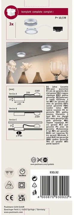 Éclairage sous-meubles LED Pukk 3x3,5W 65mm 3x210lm 230V rond Chrome mat