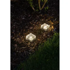 Cube solaire effet glace en verre trempé- 7x7cm, Hauteur 5cm- 1 LED blanche- 3 Lumens- Eclairage extérieur Jardin