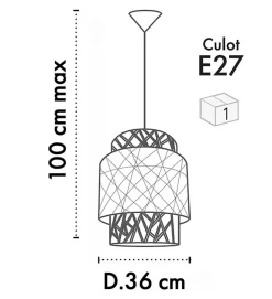 Eclairage plafond design Quito 160cm réglable rotin et tissu blanc compatible LED