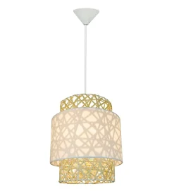 Eclairage plafond design Quito 160cm réglable rotin et tissu blanc compatible LED