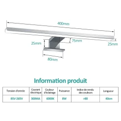 EMKE Applique murale LED pour salle de bain, 40 x 15 cm, 6000 K, blanc, 3 méthodes d'installation