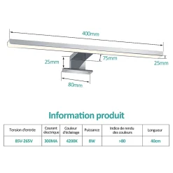 EMKE Applique murale LED pour salle de bain, 40 x 15 cm, 4200 K, blanc 3 méthodes d'installation