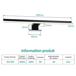 EMKE Applique murale LED pour salle de bain, 40 x 15 cm, 4200 K, noir, 3 méthodes d'installation