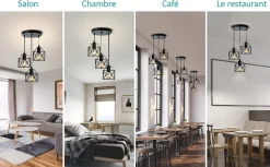 EMKE Lampe à suspension vintage à 3 ampoules, Plafonnier rétro avec abat-jour en métal, douilles noires E27