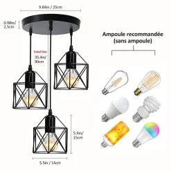 EMKE Lampe à suspension vintage à 3 ampoules, Plafonnier rétro avec abat-jour en métal, douilles noires E27
