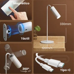 EMKE Lampe de table LED magnétique sans fil 5 en 1, Rechargeable, dimmable, commande tactile, 3 modes de couleur, USB-C, blanc