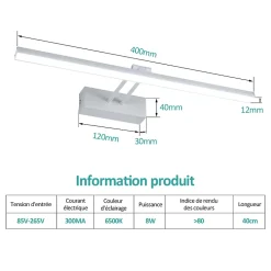 EMKE Lampe miroir LED pour salle de bain, 40 x 20 cm, rotation, 7,44 W, lumière miroir LED, blanc froid