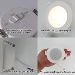 Ensemble de 10 spots LED encastrés ronds, 5W, indice de protection IP44, température de couleur réglable, blanc.