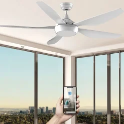 Fanelite - Ventilateur de plafond 137 cm blanc ABACO - Moteur DC 35W - LED 20W dimmable 3 couleurs - Wifi & Contrôles vocaux