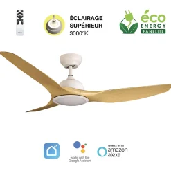 Fanelite - Ventilateur de plafond 132 cm blanc et ABS imitation bois LONGANA - Moteur DC 35W - LED 20W 3 couleurs + LED SUPERIEURE