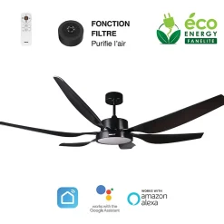 Fanelite - Ventilateur de plafond 168 cm noir MAKATEA - Moteur DC 55W - LED 22W 3 couleurs - Silence + PURIFICATEUR D'AIR INCLUS