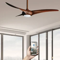 Fanelite - Ventilateur de plafond 132 cm imitation bois MAFATE - Moteur DC 38W - LED 20W dimmable 3 couleurs - Wifi - Silencieux