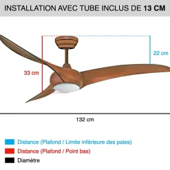 Fanelite - Ventilateur de plafond 132 cm imitation bois MAFATE - Moteur DC 38W - LED 20W dimmable 3 couleurs - Wifi - Silencieux