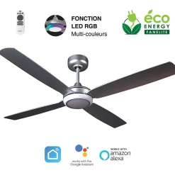 Fanelite - Ventilateur de plafond 132 cm gris QALITO - Moteur DC 30W - LED 20W dimmable 3 couleurs + RGB - Wifi - Silencieux