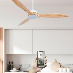 Fanelite - Ventilateur de plafond 164 cm blanc et bois ZENA - Moteur DC 35W - LED 20W dimmable 3 couleurs - Wifi &Contrôles vocaux