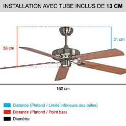 Fanelite - Ventilateur de plafond 152 cm SIROCO - Moteur DC 38W - Télécommande - Wifi&Contrôles vocaux - 5 pales - Très silencieux