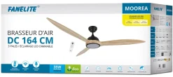 Fanelite - Ventilateur de plafond 164 cm noir et bois MOOREA - Moteur DC 35W - Lumière LED 20W dimmable 3 couleurs - Wifi