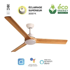 Fanelite - Ventilateur de plafond 132 cm blanc et bois BALABIO - Moteur DC 36W - LED 20W dimmable 3 couleurs + LED SUPERIEURE 2W
