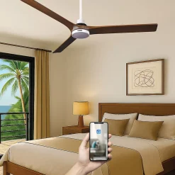 Fanelite - Ventilateur de plafond 142 cm blanc et bois ARUBA - Moteur DC 35W - LED 20W dimmable 3 couleurs - Wifi - Silencieux