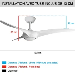 Fanelite - Ventilateur de plafond 132 cm blanc SAONA - Moteur DC 38W - LED 20W dimmable 3 couleurs - Wifi - Contrôles vocaux